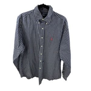 Ralph Lauren Blaire Mens Large Navy Blue White Grid Check Cotton Button‎ Down
